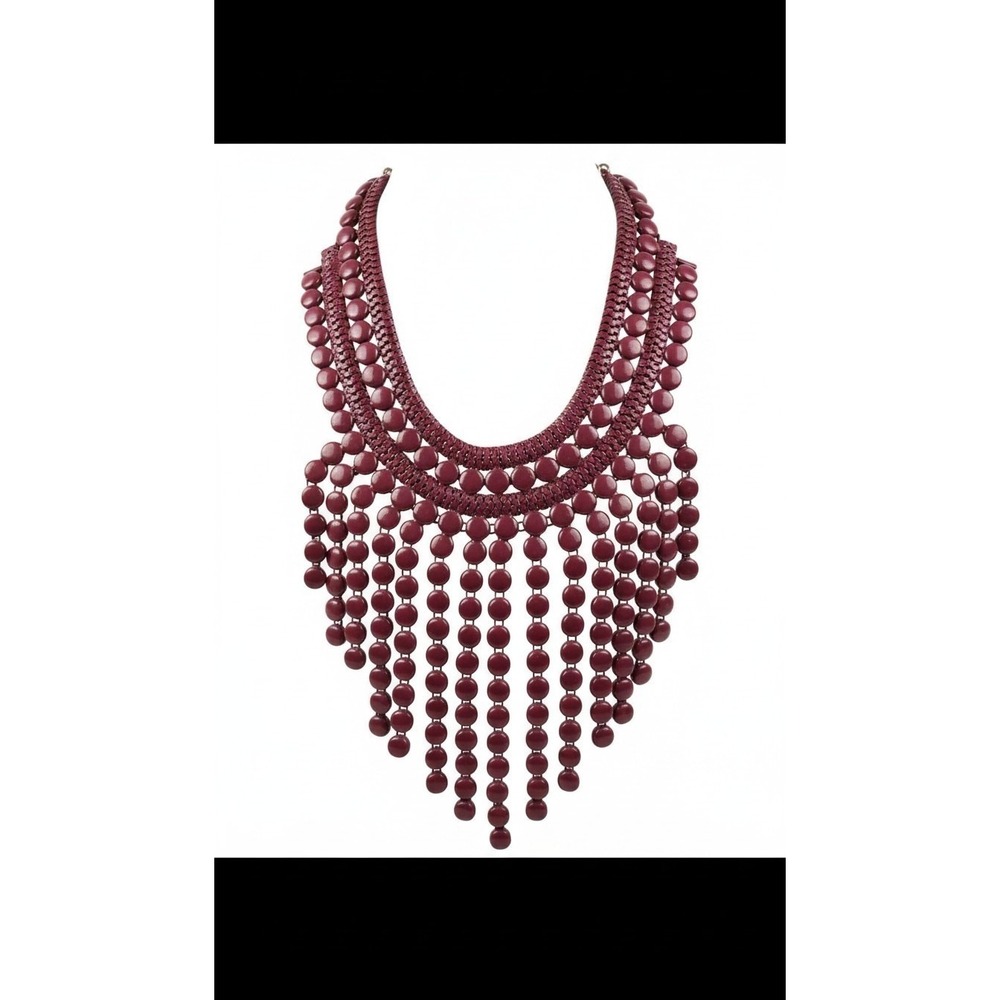 Vintage Burgundy Metal Statement Bib Necklace Fringe Beaded Chunky Collar